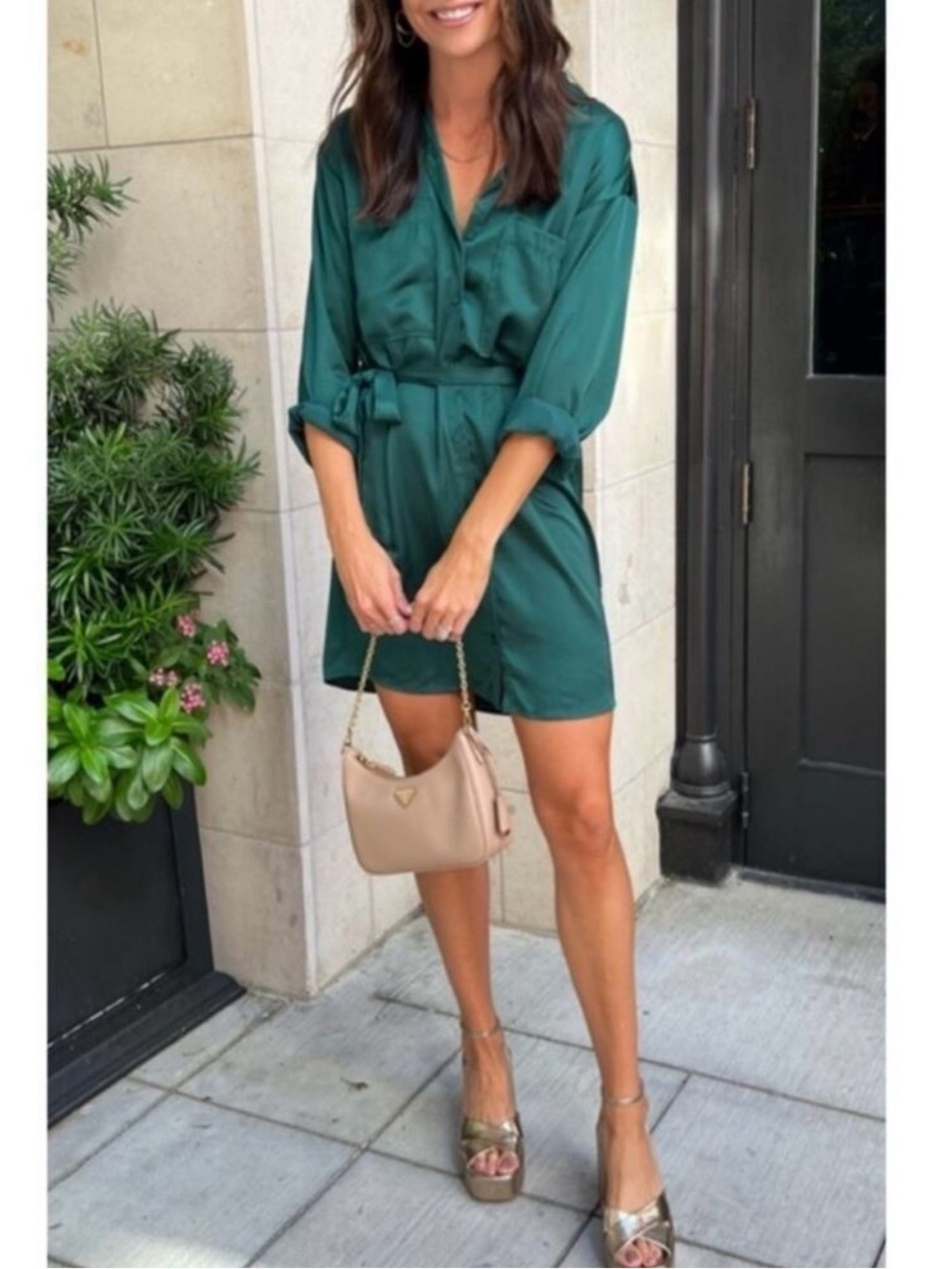 Abercrombie & Fitch relaxed green satin shirt dress buttons up tie belt preppy S